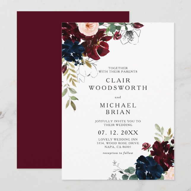 Chic Line Art Sketch Burgundy Navy Floral Wedding  Invitation (Front/Back)