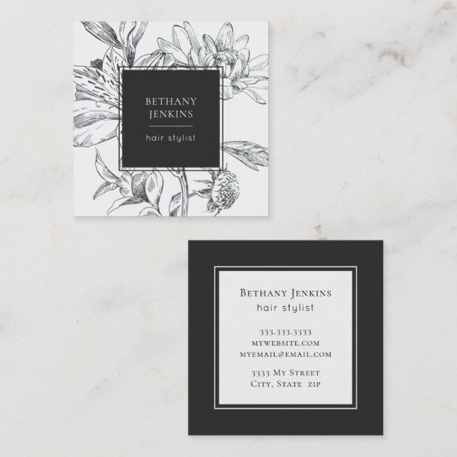 Chic Line Drawn Black White Floral Square Business Card (Front/Back)
