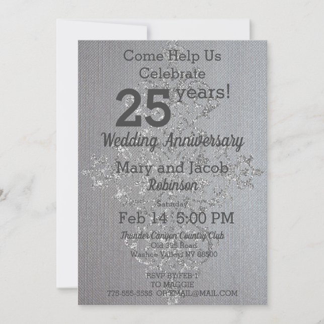 Chic Linen and Silver Anniversary Invitation (Front)