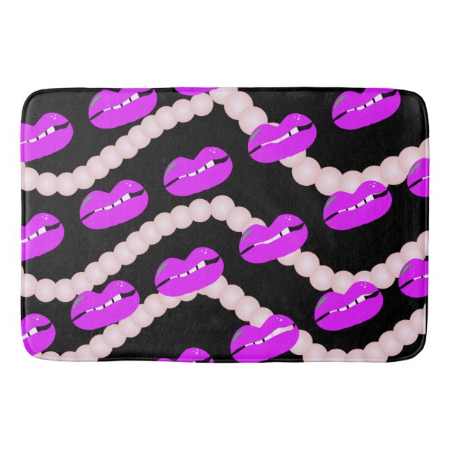 Chic Lips Pearls Pink Black Bath Mat (Front)