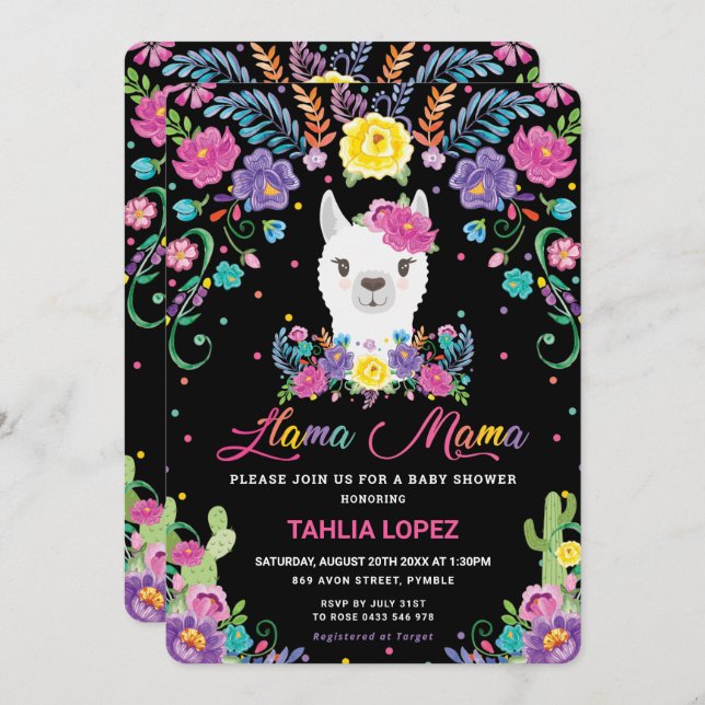 Chic Llama Mama Mexican Floral Baby Shower Girl Invitation (Front/Back)