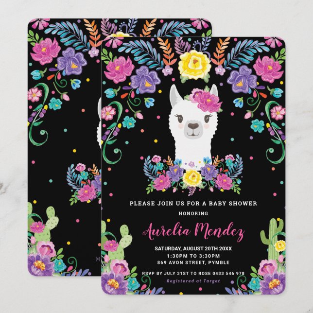 Chic Llama Mexican Floral Baby Shower Chalkboard Invitation (Front/Back)