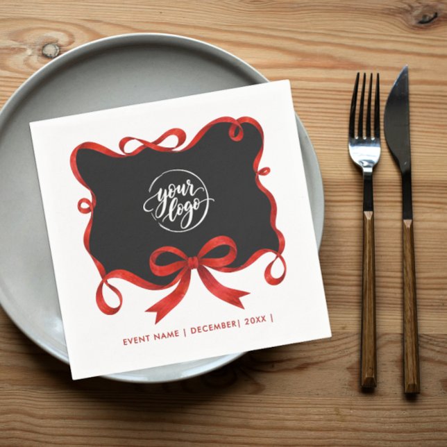 Chic Logo Christmas Black Red Ribbon Bow Script Napkin (Creator Uploaded)
