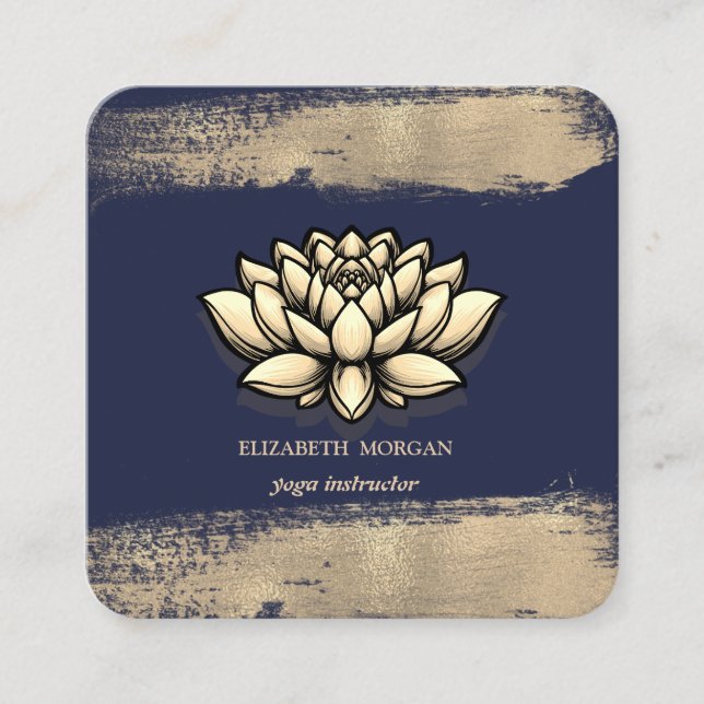 Chic Lotus Flower Faux Gold Brush Stroke Square Business Card (Front)