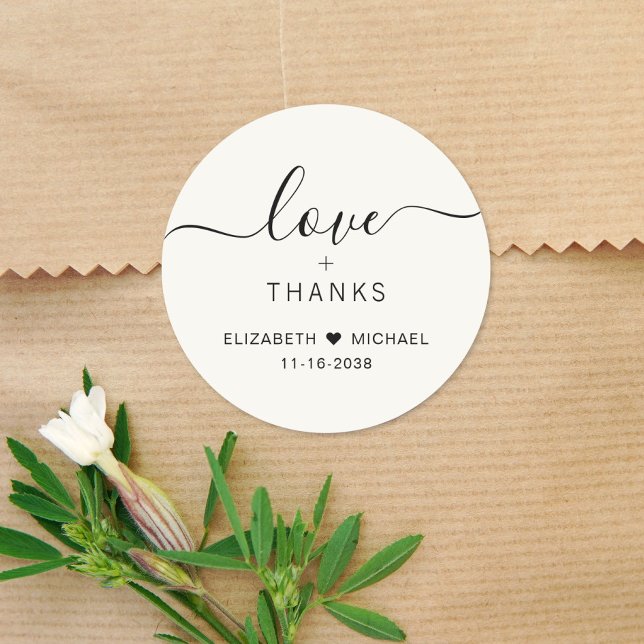 Chic Love And Thanks Cream Wedding Thank You Classic Round Sticker (Creator Uploaded)