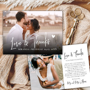 Chic Love and Thanks Heart Script 2 Photo Wedding  Thank You Card