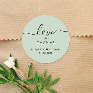 Chic Love And Thanks Sage Green Wedding Thank You Classic Round Sticker
