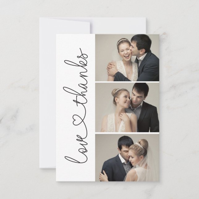 Chic Love and thanks script heart 3 wedding photos Thank You Card (Front)