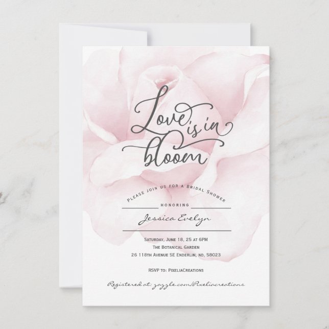 Chic love in bloom, calligraphy script rose shower invitation (Front)
