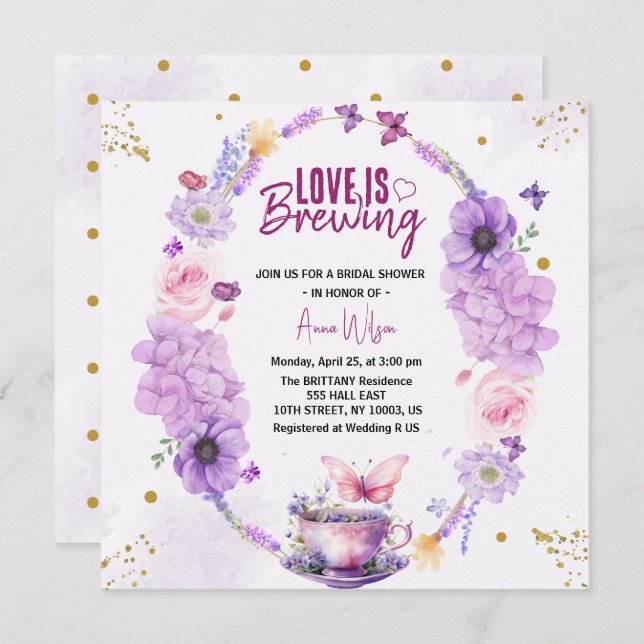 Chic love is brewing lilac lavender bridal shower  invitation (Front/Back)