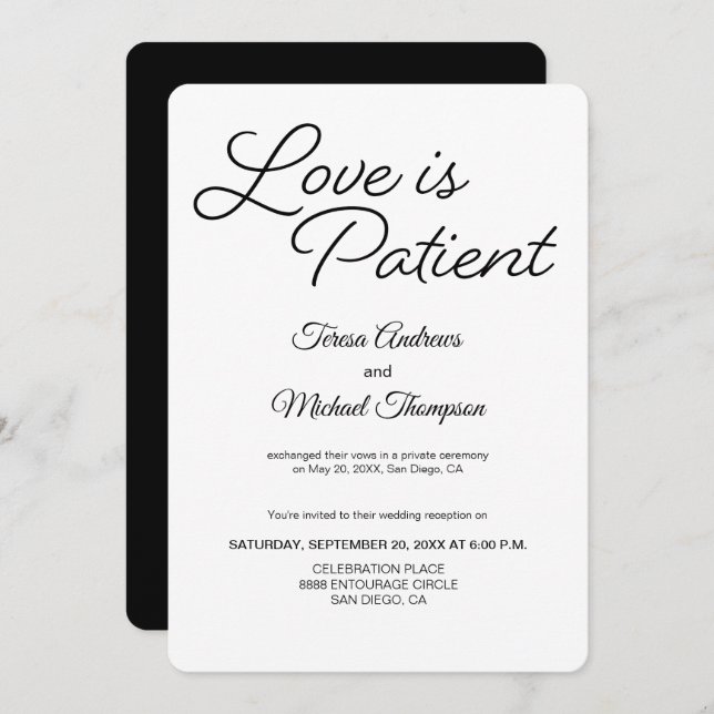 Chic Love is Patient Wedding Reception Invitation (Front/Back)