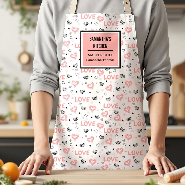 Chic Love Lettering Pink Black Heart Apron (Pink Black Hearts Cute I Love You Gift Woman Apron)