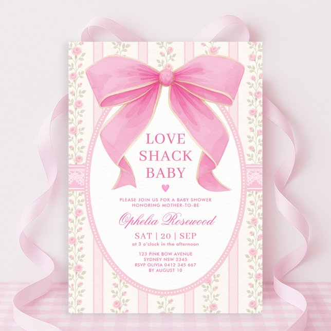 Chic Love Shack Pink Bow Lace Girl Baby Shower Invitation (Creator Uploaded)