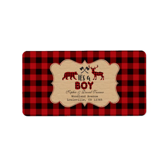 Chic Lumberjack Red Buffalo Baby Shower Label (Front)