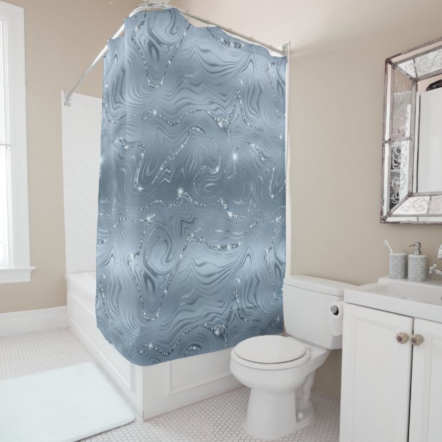 Chic Luxury Dusty Blue Silver Glitter Shower Curtain (In Situ)