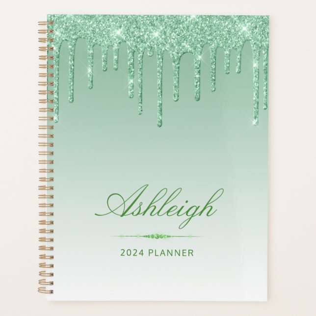 Chic Luxury Glitter Drips Green 2024 Planner (Front)