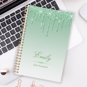 Chic Luxury Glitter Drips Personalised Green 2025 Planner