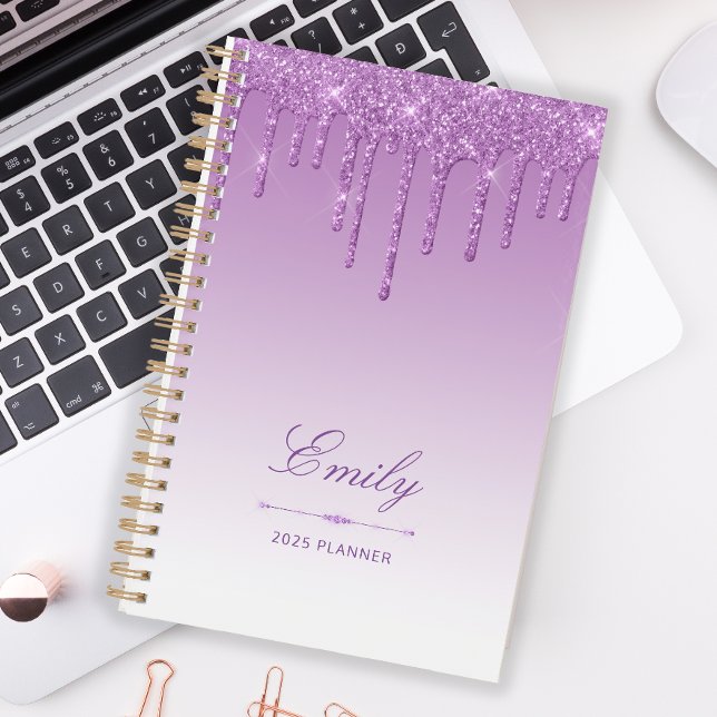 Chic Luxury Glitter Drips Purple Personalised 2025 Planner (Creator Uploaded)