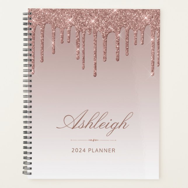 Chic Luxury Glitter Drips Rose Gold 2024 Planner (Front)
