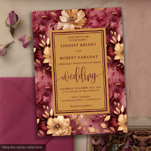 Chic Luxury Merlot Gold Floral Wedding Invitation