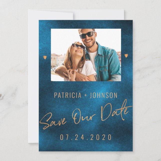 Chic luxury navy gold wedding save the date PHOTO Announcement (Front)