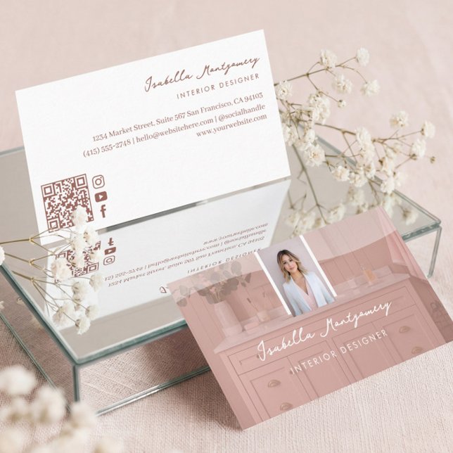 Chic Luxury Pink Script Interior Designer Photo QR Business Card (Chic Luxury Pink Script Interior Designer Photo QR Business Card)