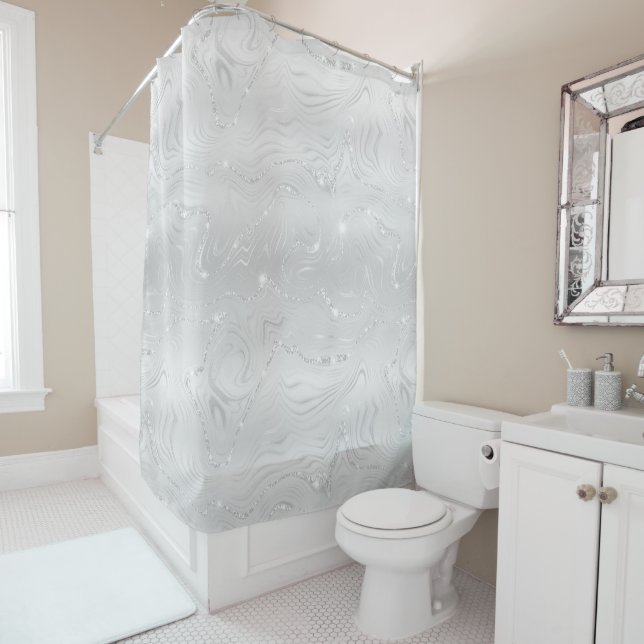 Chic Luxury White Silver Glitter Pattern Shower Curtain (In Situ)