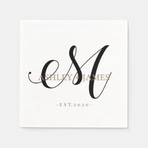  Chic M Monogram Gold Script Name Wedding Date Napkin