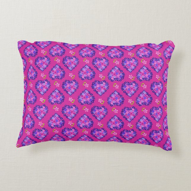 Chic Magenta Hearts and Flowers Accent Pillow (Back)