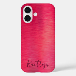Chic Magenta Metallic Shimmer Script Personalised iPhone 16 Case