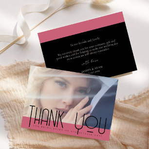 Chic Magenta Pink Black Photo Wedding Thank You Card