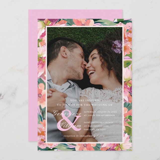 Chic Magenta Pink Floral Photo Wedding Invitation (Front/Back)