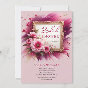 Chic magenta pink flowers gold frame Bridal Invitation