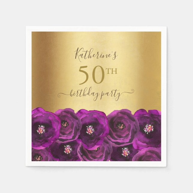 Chic Magenta Rose Floral Gold 50th Birthday Party Napkin (Front)