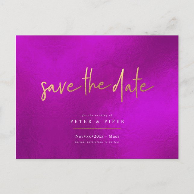 Chic Magenta+Signature Script, Save the Date Postcard (Front)
