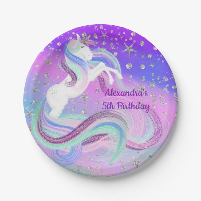 Chic Magical Unicorn Silver Stars Paper Plate (Front)