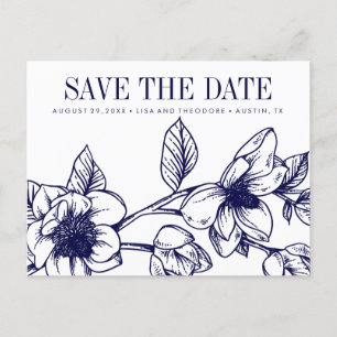 Chic Magnolia Flowers   Navy Blue    Save the date Announcement Postcard