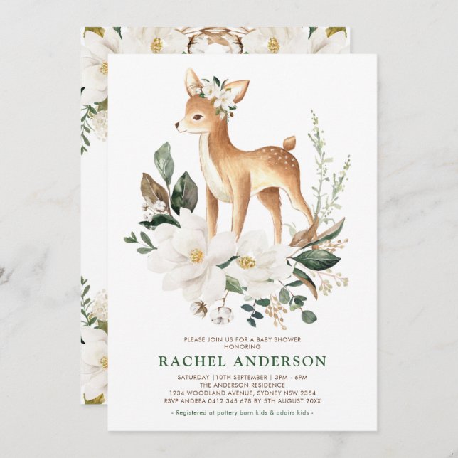 Chic Magnolia Woodland Deer Neutral Baby Shower Invitation (Front/Back)