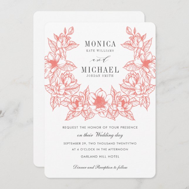 Chic Magnolia Wreath | Coral | Wedding Invitation (Front/Back)