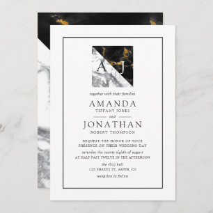Chic Marble and Foil Geometric Monogram Wedding Invitation