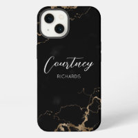 Chic Marble Black & Gold Glitter Monogrammed Name
