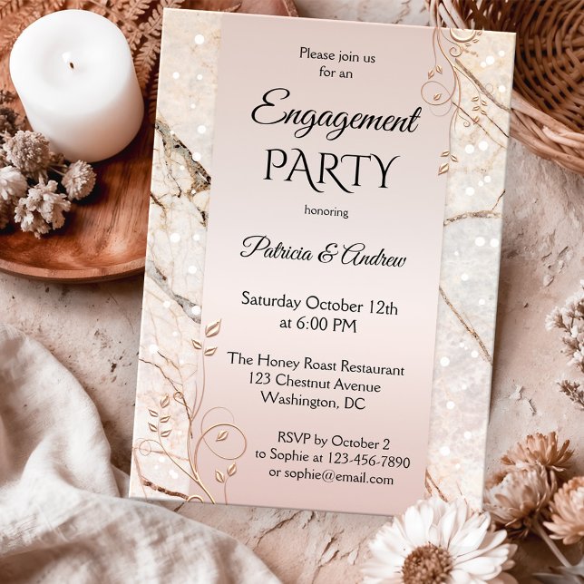Chic Marble Blush Pink Floral Engagement Invitation (Engagement invitation featuring rose gold floral swirls on blush pink and marble )