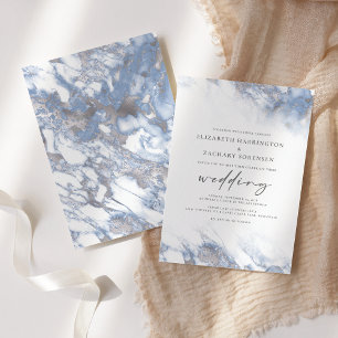 Chic Marble Dusty Blue Silver Wedding Invitation
