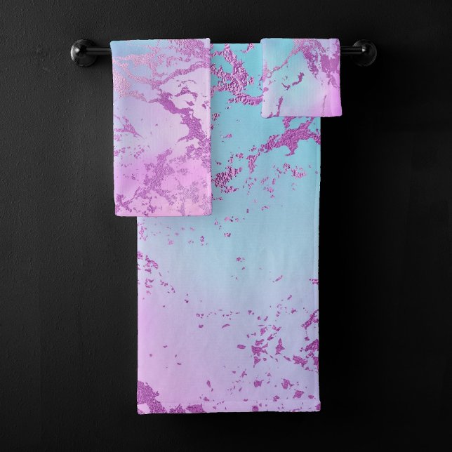 Chic Marble | Glitzy Glam Violet Purple Blue Ombre Bath Towel Set (Creator Uploaded)