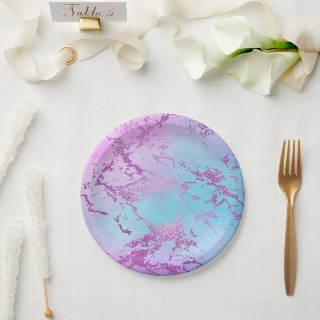 Chic Marble | Glitzy Glam Violet Purple Blue Ombre Paper Plate (Wedding)