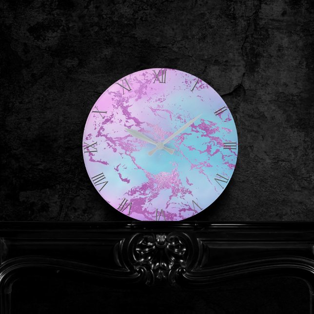 Chic Marble | Glitzy Glam Violet Purple Blue Ombre Round Clock (Creator Uploaded)