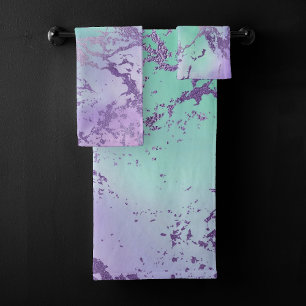 Chic Marble Lavender Purple and Mint Green Bath Towel Set