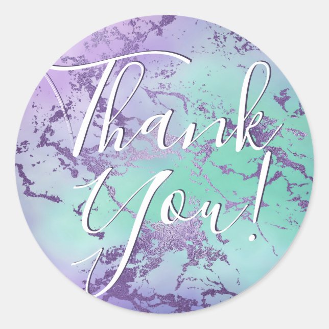 Chic Marble | Purple and Mint Ombre Thank You Classic Round Sticker (Front)