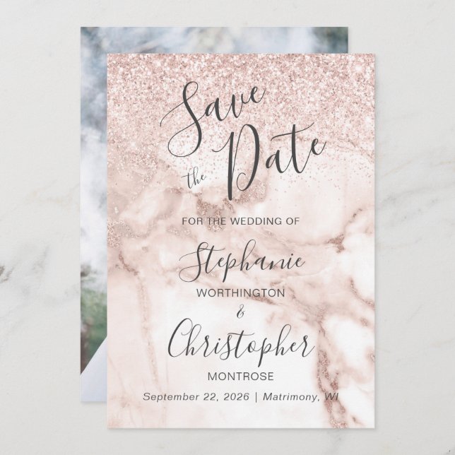 Chic Marble Rose Gold Glitter Photo Save the Date Invitation (Front/Back)