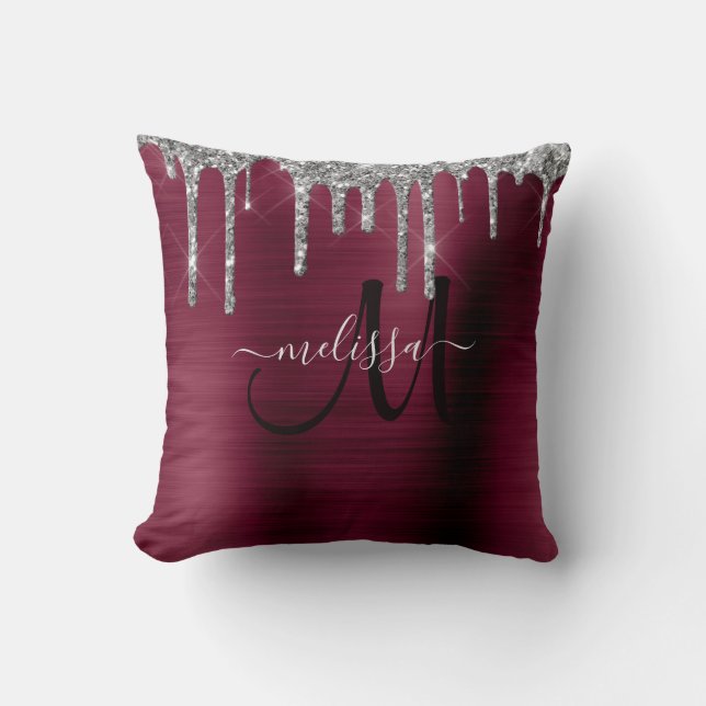 Chic Maroon Dripping Glitter Brush Metal Monogram Cushion (Front)